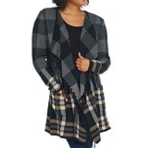 NWT Isaac Mizrahi Live!  Fringed Plaid Cardigan 2X